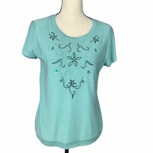Requirements Fine Knit Beaded Sweater Women Size 8 Aqua Cap Sleeve